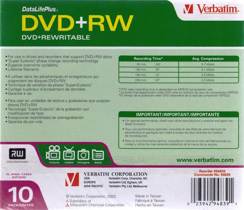 VERBATIM VER94839 - DVD+RW 4.7GB 4X with Branded Surface - 10pk Jewel Case - Image 2
